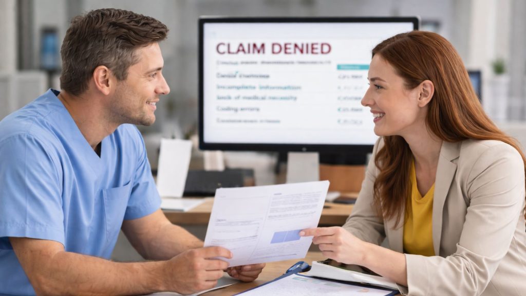 Healthcare denial management specialist reviewing denied medical claim with provider to resolve billing errors and improve reimbursement in RCM services