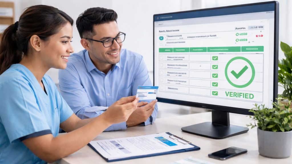 Insurance eligibility verification process for healthcare providers with medical billing specialist confirming patient coverage and benefits in RCM services