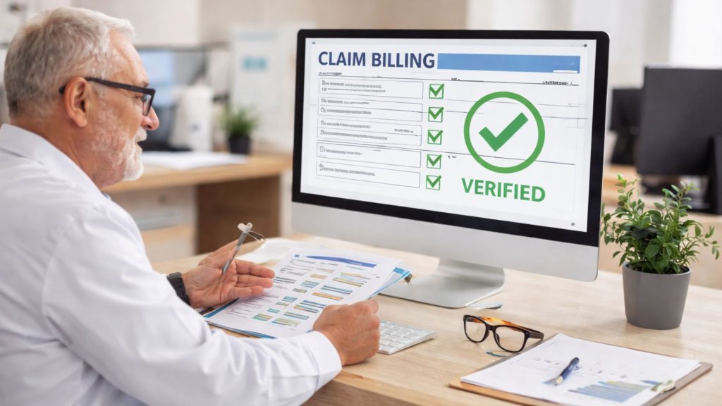 Medical billing specialist reviewing claim billing and verification process to ensure accurate reimbursement in healthcare RCM services for US providers
