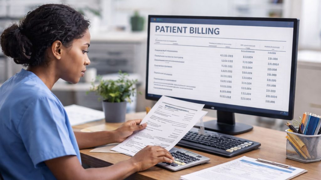 Patient billing statement processing by medical billing specialist reviewing charges and calculating balances for accurate patient billing in healthcare RCM services
