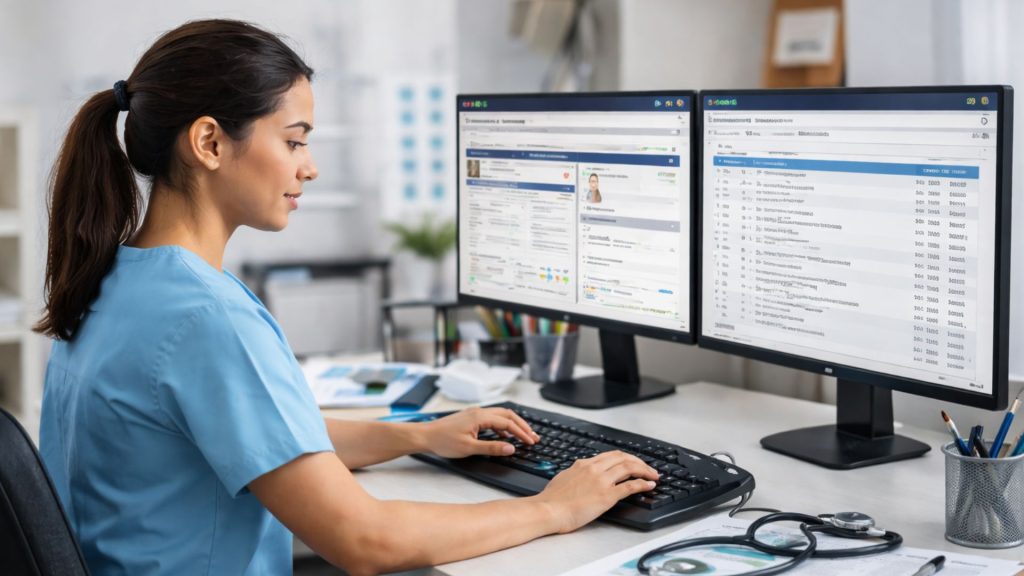 Certified medical coder working on healthcare coding software using ICD-10, CPT, and HCPCS codes for accurate medical billing and RCM services