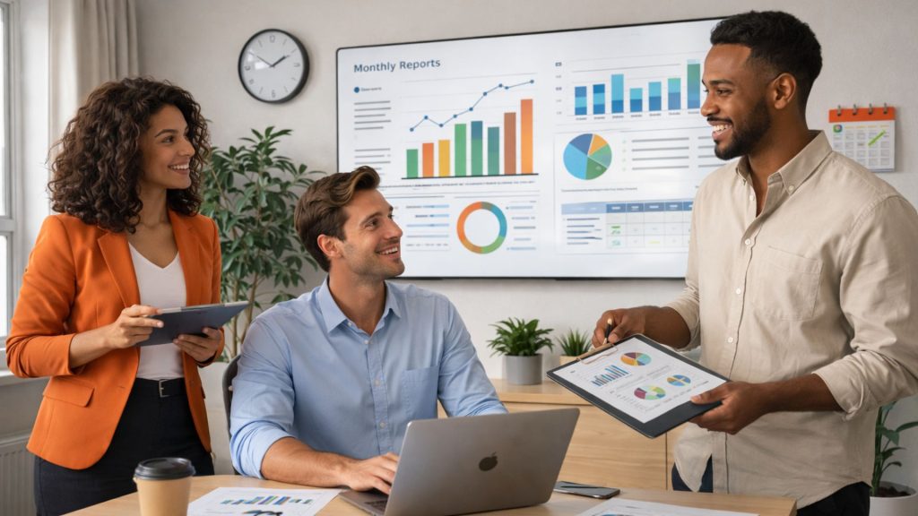 Healthcare RCM weekly reporting meeting reviewing revenue performance, AR trends, and billing analytics for US healthcare providers